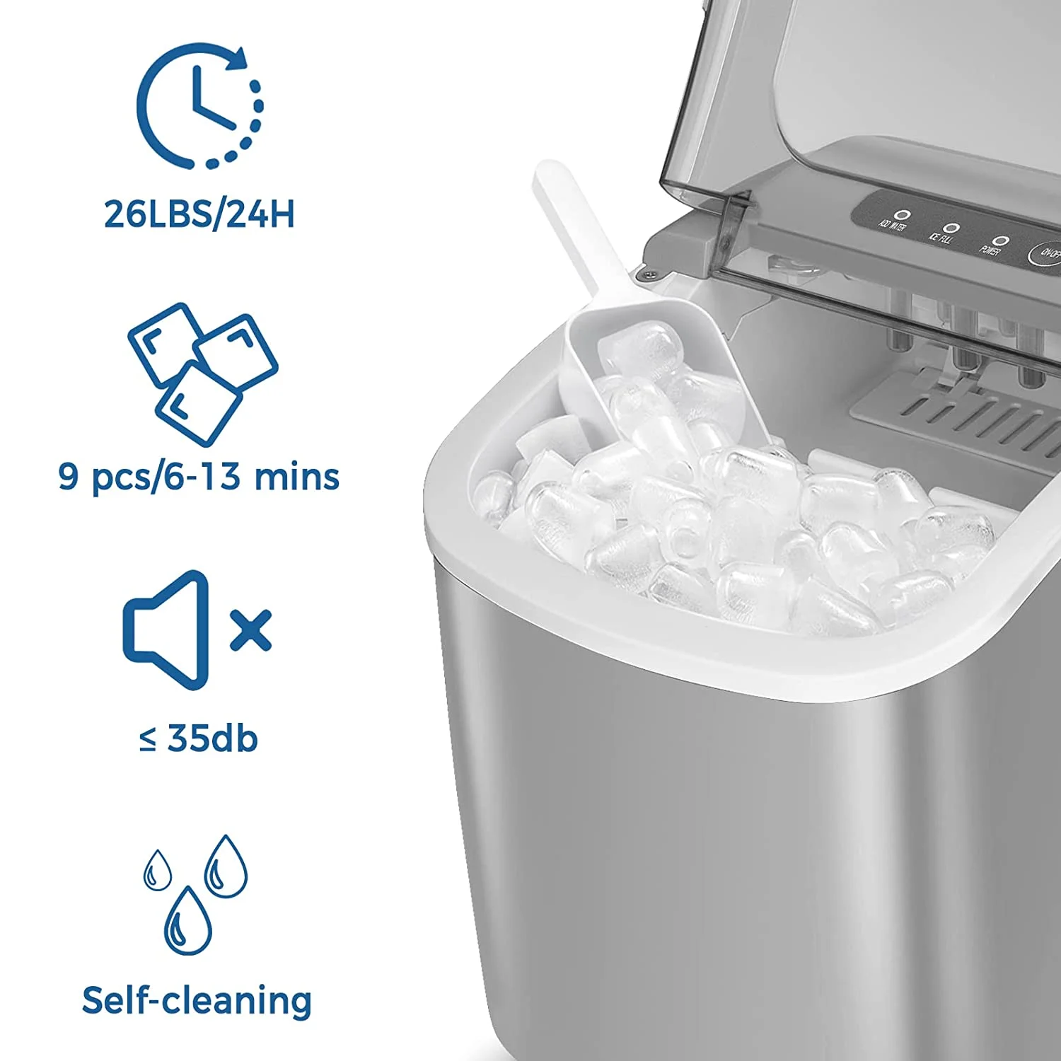 Countertop Ice Maker Portable Ice Machine with Handle, Self-Cleaning Ice Makers, 26Lbs/24H, 9 Ice Cubes Ready in 6 Mins for Home Kitchen Bar Party