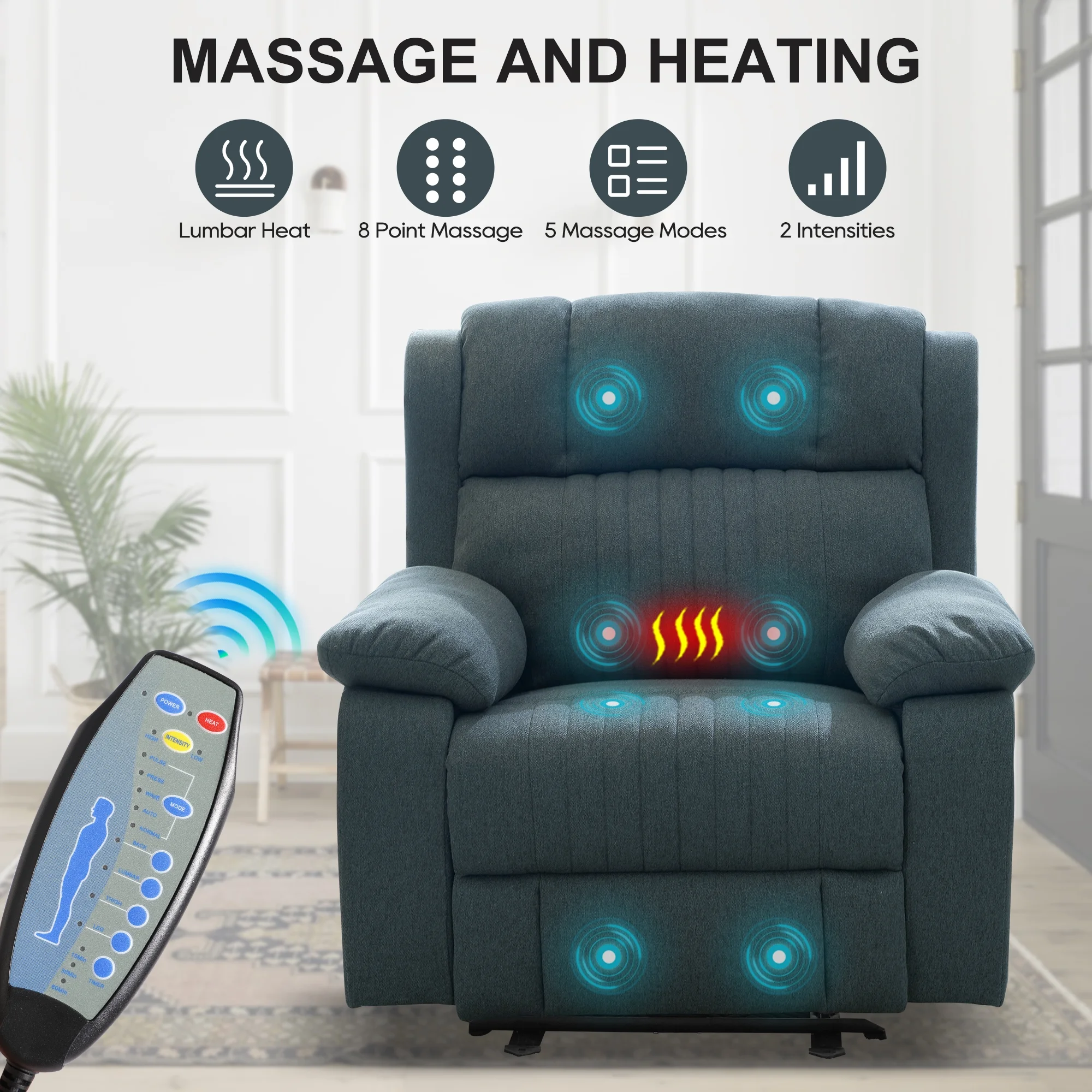 LVUYOYO Electric Power Recliner Chair, Reclining Chair with Heat and Massage, Position Recliner up to 350 Lbs,2 Cup Holders, USB Ports, 2 Side Pockets,Blue
