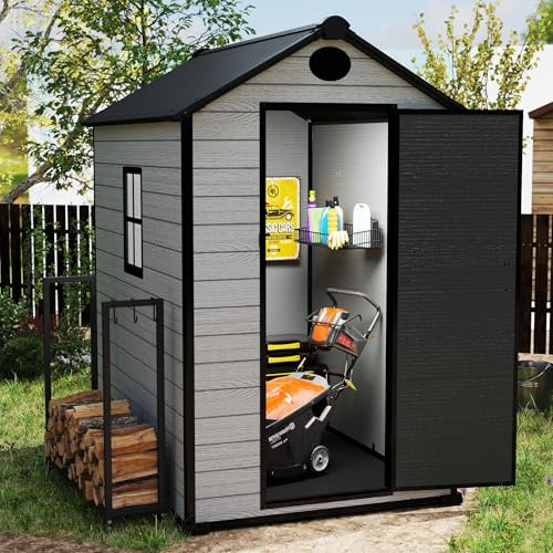 7.3 x 12 FT Shed Resin Outdoor Storage with Floor, 566 cuft Plastic Shed with Window and Lockable Door for Garden, Backyard, with Wood Texture, Grey