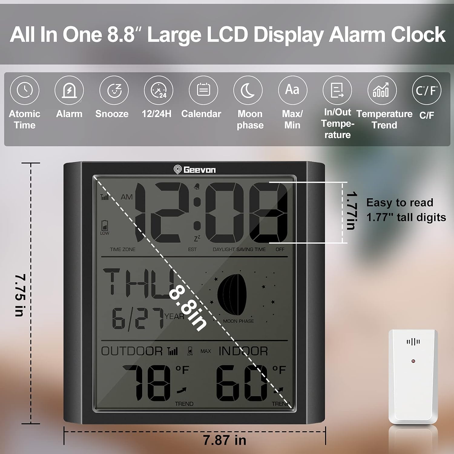 Geevon Digital Atomic Wall Clock,Auto-Set Atomic Alarm Clock with Indoor Outdoor Temperature,Calendar,Moon Phase for Home Office Elderly(1 Wireless Outdoor Sensor) Update