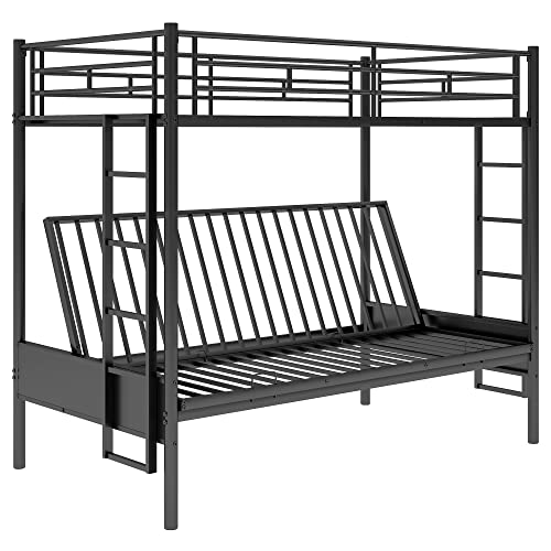 Harper & Bright Designs Twin over Futon Bunk Bed,Metal Bunk Bed with Futon can easy conversion to Twin Over Full Bunk Beds, Futon Bunk Bed with Guardrails and 2 Ladders for Kids Teens, Black