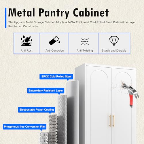 Metal Storage Cabinet with Doors and Shelves, 71 Inch Tall Kitchen Pantry Cabinet, Pantry Cabinets for Kitchen Storage, Freestanding Cupboard for Living, Dining Room, White, Assembly Required