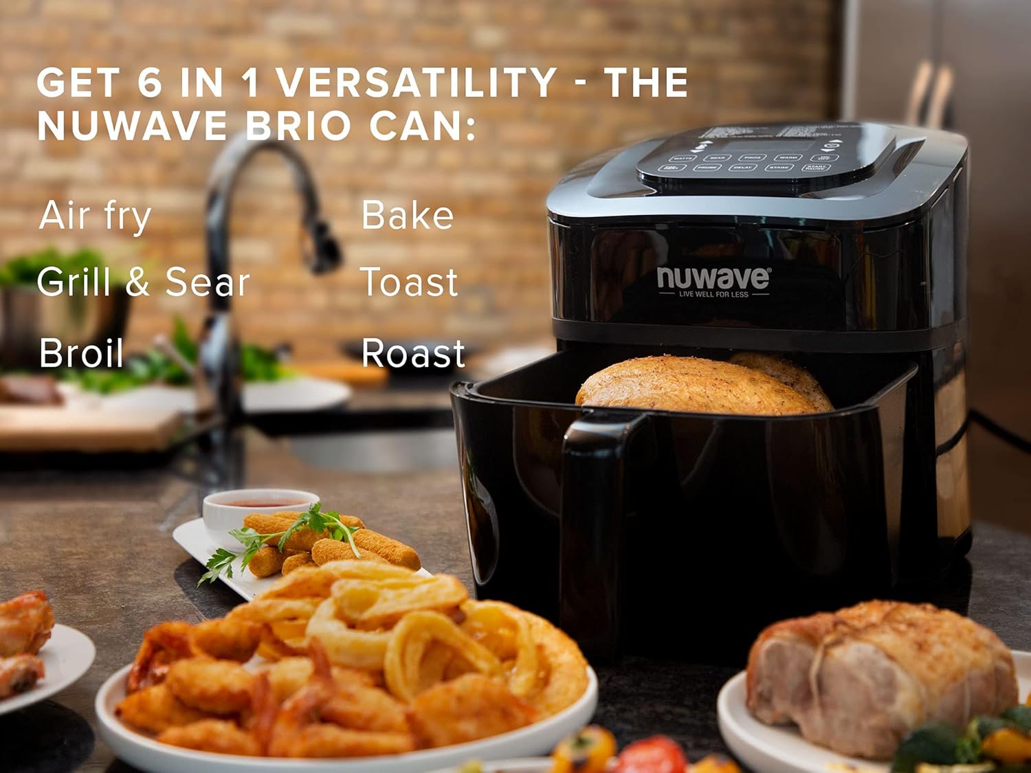NUWAVE Brio Digital Air Fryer 7.25-Quart with One-Touch Digital Controls, 100 Easy Presets, Precise Temperature Control, Reversible-Rack, Recipe Book, Wattage Control, and Advanced Functions like PREHEAT and REHEAT