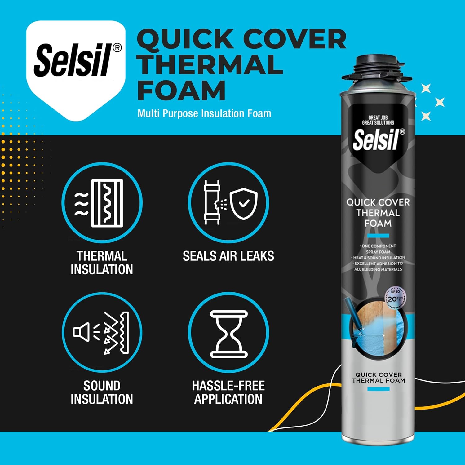 Selsil Spray Foam Insulation (12 Pack) - Thermal & Sound Spray Insulation Foam in a Can for Walls, Roof, Hard-to-Reach Areas - Covers Up to 240 Board Feet, 25 oz x 12, Turquoise