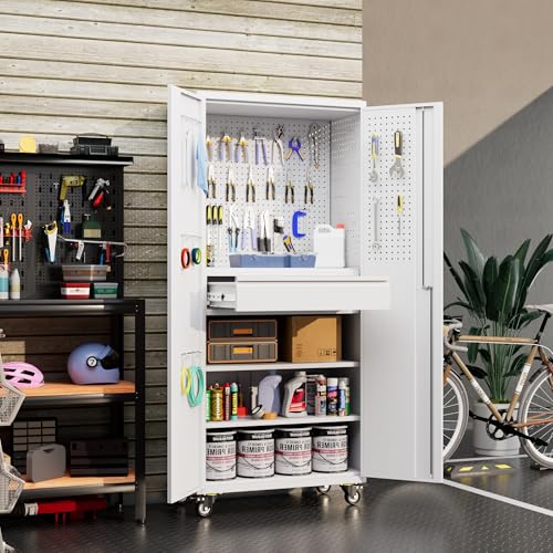 73" H Metal Storage Cabinet with Wheels, Garage Storage Cabinet with 4 Adjustable Shelves and Lockable Doors for Garage Home Office Utility Room,Required Assembly,Black