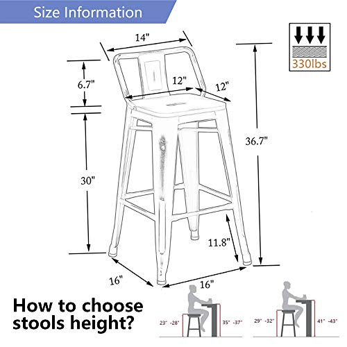 Alunaune 30" Metal Bar Stools Set of 4 Counter Height Barstools Industrial Counter Stool Kitchen Bar Chairs Indoor Outdoor-Low Back, Distressed White