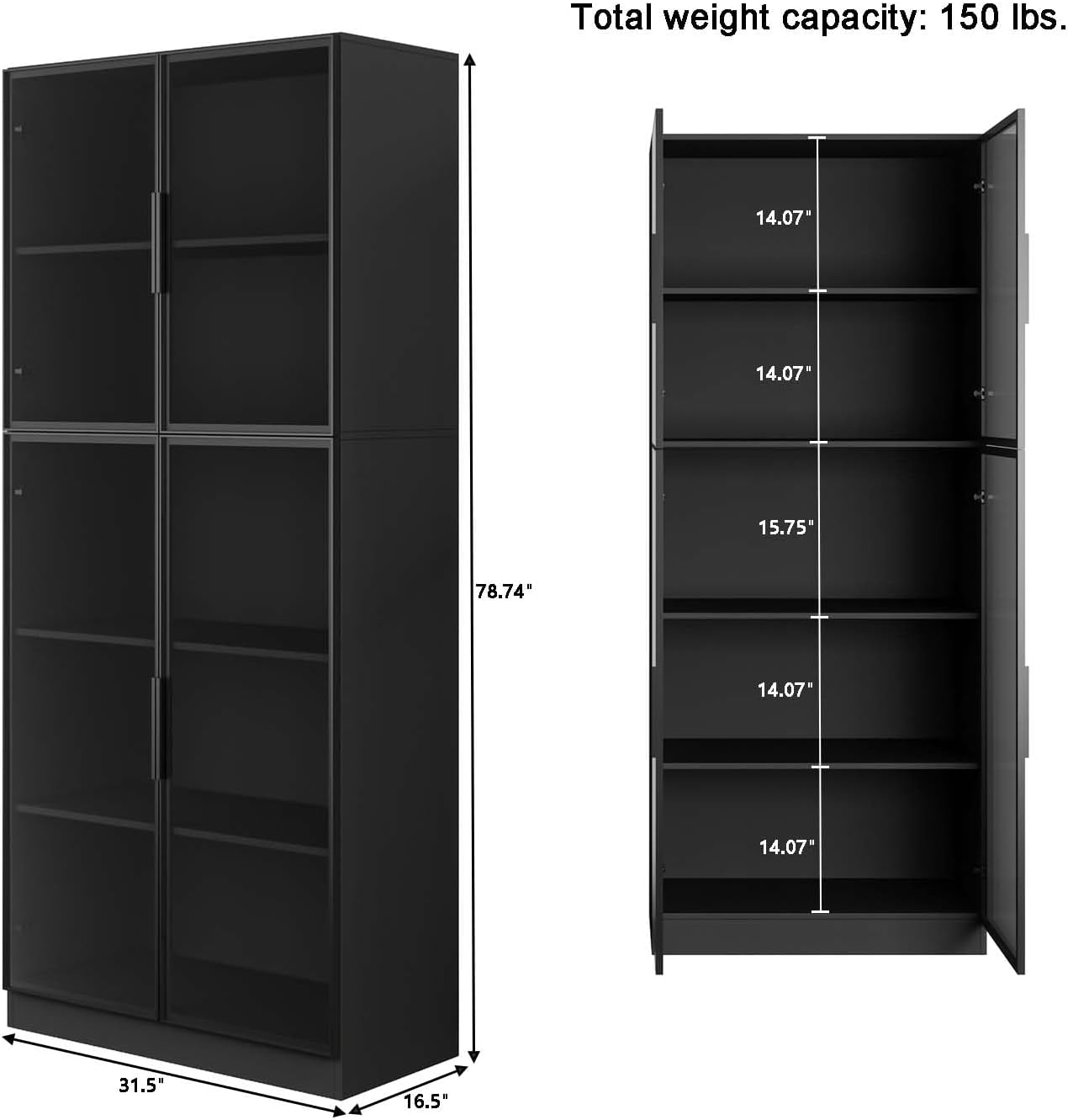 Display cabinet with LDE light and Glass Doors, Bookcase Bookshelf, Wooden Display Cabinet for Home Office, Living Room, and Dining Room - Black (31.5 "W x 16.5 "D x 78.7 "H)