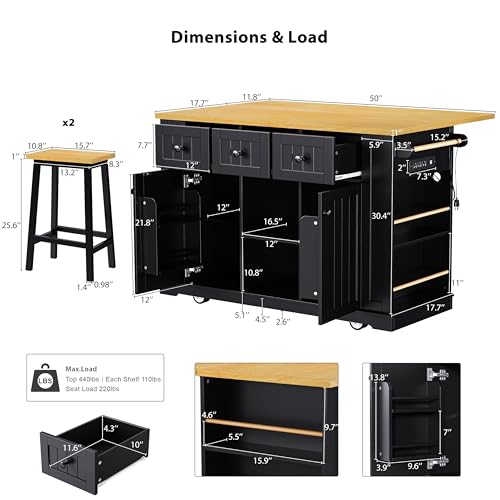 53" Rolling Large Kitchen Island Set with Power Outlet,Mobile Carts with Storage Cabinet,Extra Drop Leaf,3 Drawers and 5 Open Side Racks,Wood Table for Dining Room (Island & Stools)
