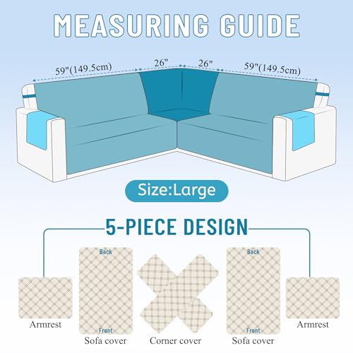 HDCAXKJ Waterproof Corner Sectional Couch Cover for Dogs Washable L Shape Sofa Cover Pets Protector 5 Piece U Shaped Sectional Slipcover L Shaped Couch Cover for Living Room (Dark Grey, Large)
