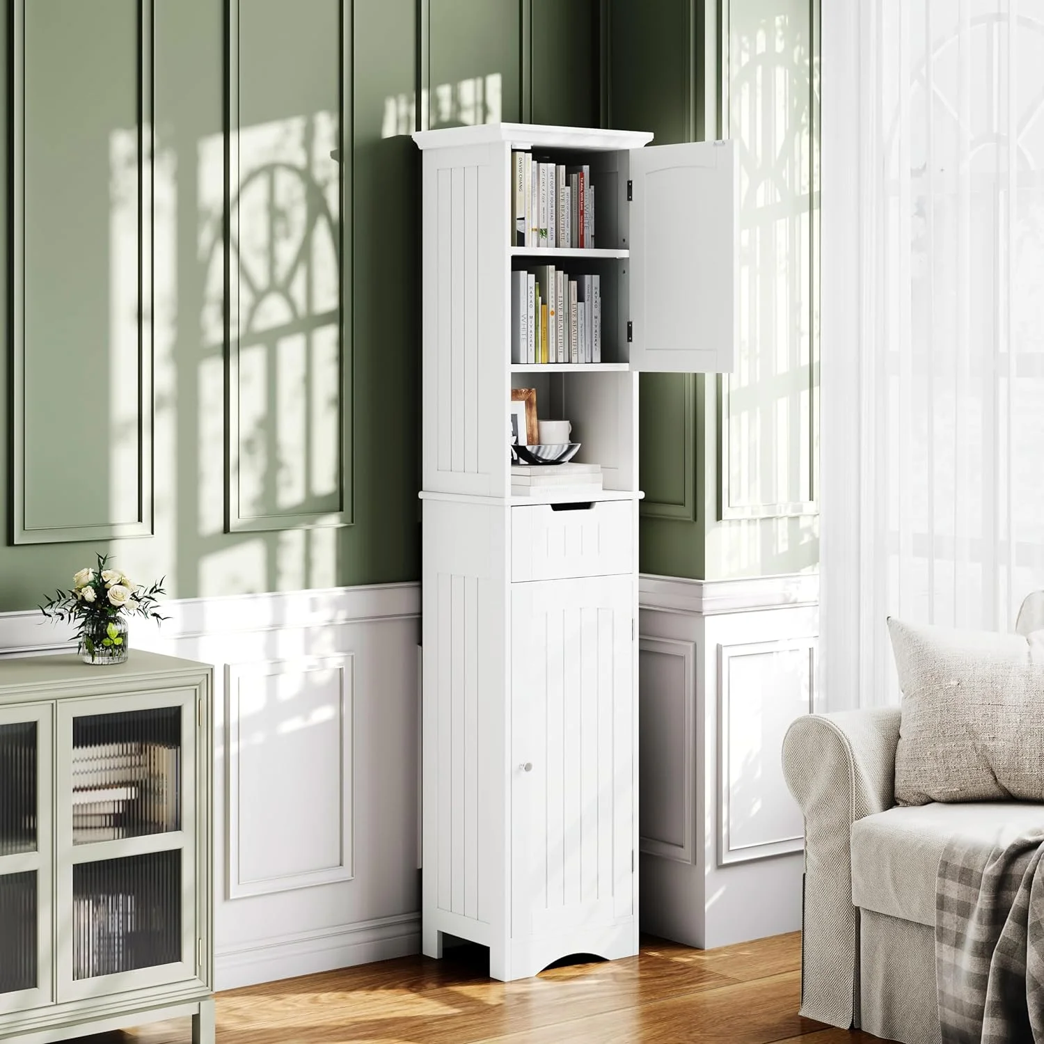FJU 67" Tall Bathroom Storage Cabinet Freestanding with Adjustable Shelves, Narrow Storage Linen Cabinet with 2 Doors and 1 Drawers for Bathroom, Living Room, Kitchen, White.