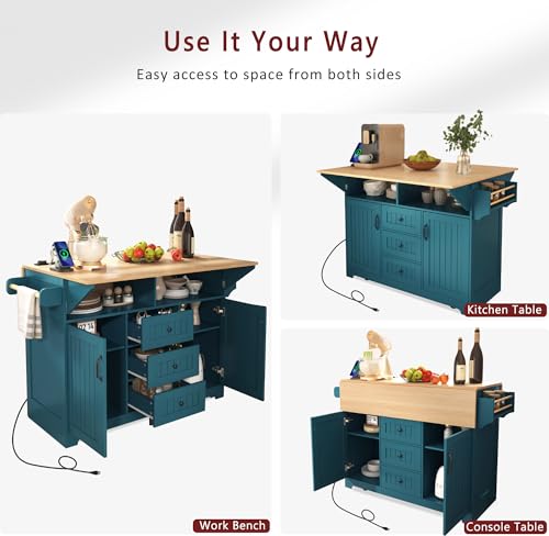 Foldable White 55.7 Inch Kitchen Storage Island Cart with 2 Drop Leaf Extensions, 5-Wheel Rolling Table, Power Outlet & USB Port, 3 Drawers Spice Rack Towel Holder for Small Spaces