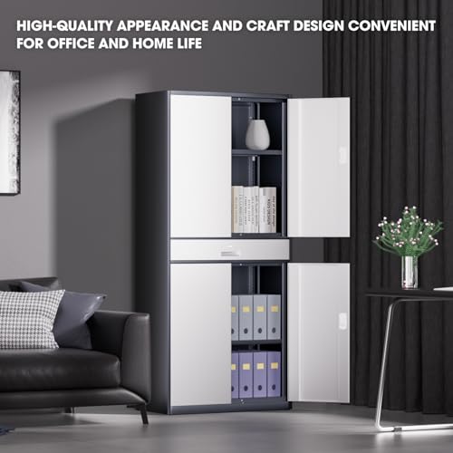 DNA MOTORING 71'' Metal Storage Cabinet, Locking Tool Cabinet with 1 Drawer and Adjustable Shelves, Lockable Heavy Duty Metal Locker for Garage,Office,Home,Gym, Gray, TOOLS-00629-GY-GY-A