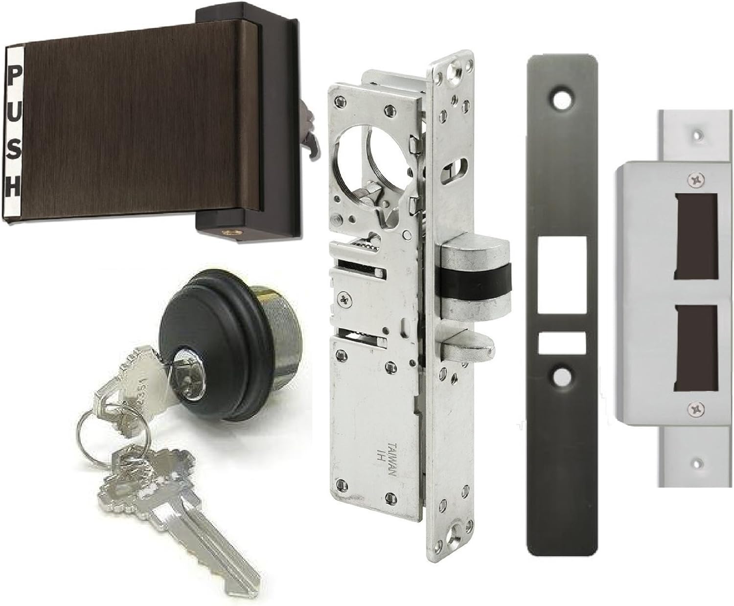 Pacific Doorware Adams Rite Style Latch Storefront Door Mortise Deadlatch Lock Exit Paddle Handle Kit w/Cylinder & Keys, in Duronotic (1-1/8" Backset, Push Door to Left)