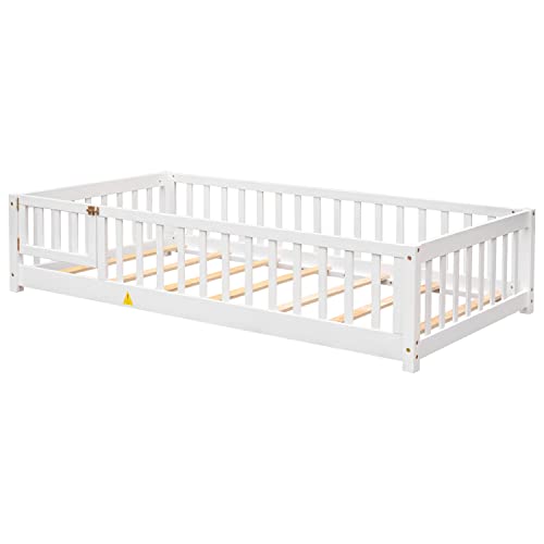 Toddler Floor Bed,Twin Size Floor Bed with Safety Guardrails and Slats, Wooden Floor Bed Frame Without Door, No Box Spring Needed,for Kids Girls & Boy Gray