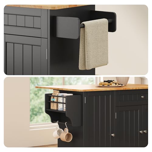 Ahomly Kitchen Island with Storage, Island Table for Kitchen with Drop Leaf, 5 Wheels, Interal Storage Rack, a Drawer, Spicy Rack and Towel Bar, Sufficient Countertop Space and Storage, White
