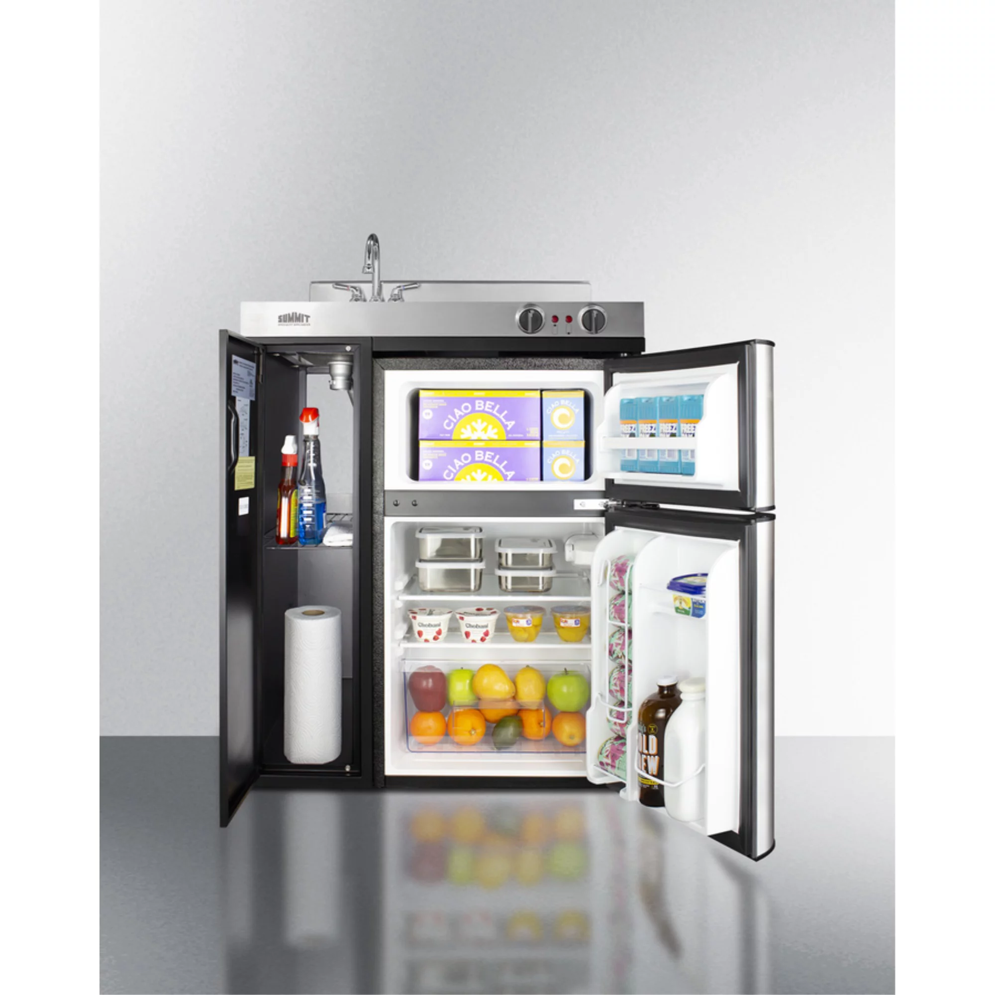 30" wide all-in-one kitchenette with 2-burner 115V coil cooktop, refrigerator-freezer, sink, and storage cabinet