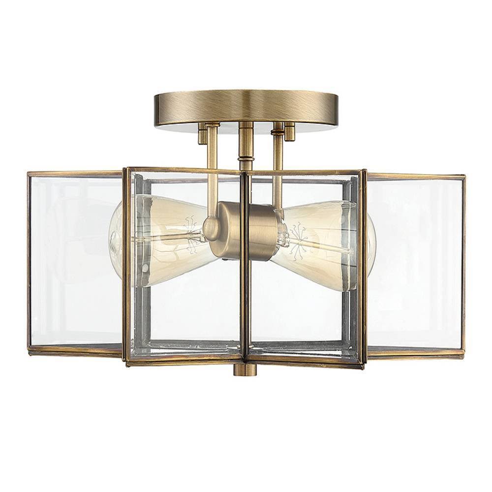 2-Light Natural Brass Semi-Flush Mount with Clear Glass