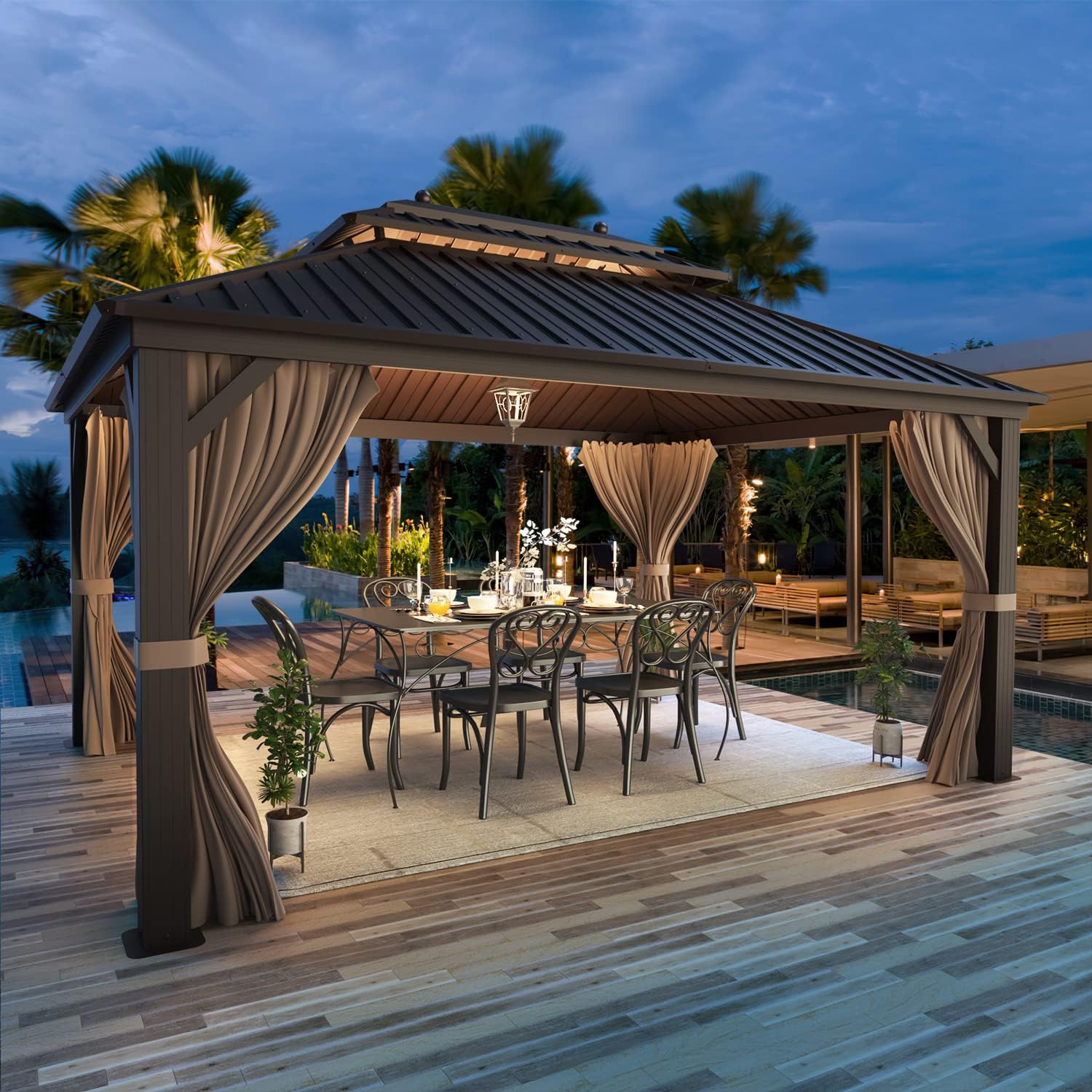 EROMMY Hardtop Gazebo Galvanized Steel Outdoor Gazebo Canopy Double Vented Roof Pergolas Aluminum Frame with Netting and Curtains for Garden,Patio,Lawns,Parties (10'x 13')