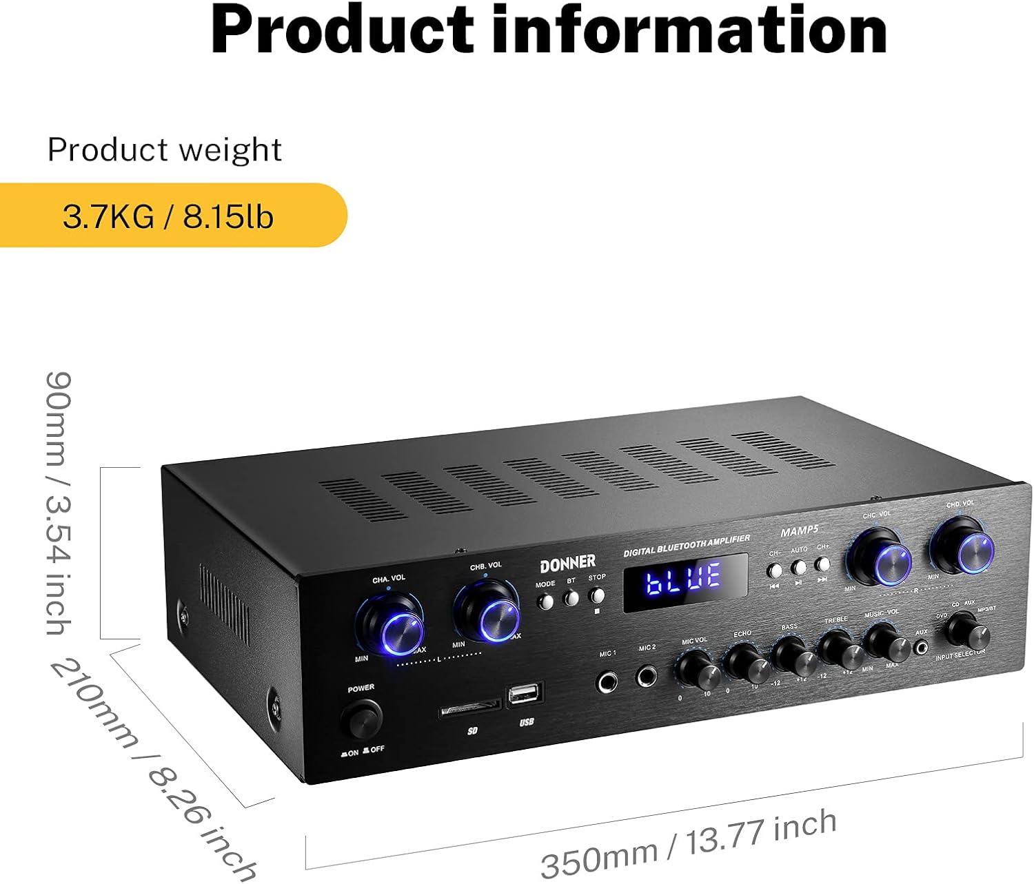 Donner Bluetooth 5.0 Stereo Audio Amplifier Receiver, 4 Channel, 440W Peak Power Home Theater Stereo Receiver USB, SD,FM, 2 Mic in Echo, RCA, LED, Speaker Selector for Studio, Home-MAMP5