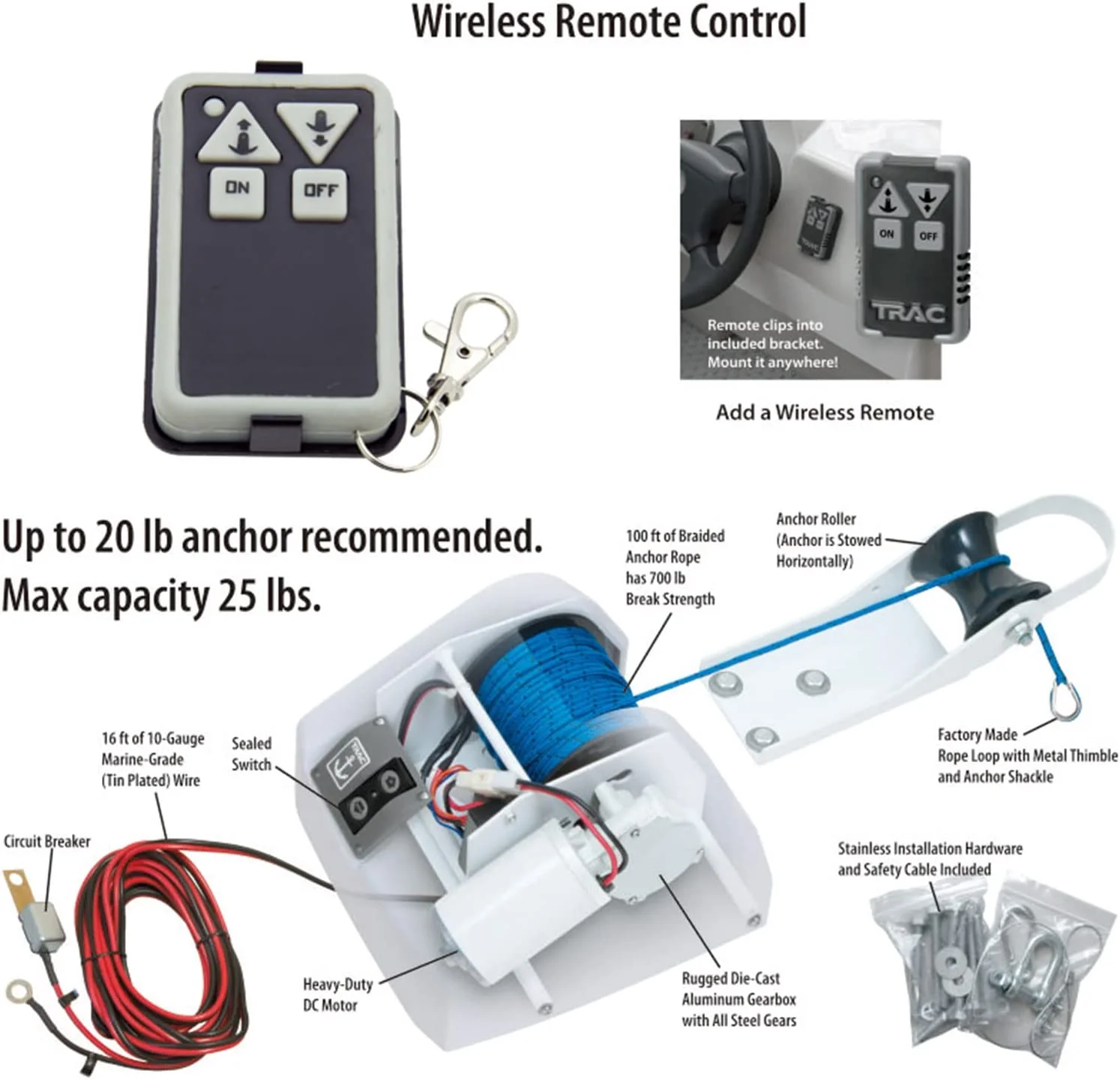 Miumaeov Electric Anchor Winch, Marine Anchor Winch Saltwater Boat Electric Windlass Anchor Winch w/ Wireless Remote Control Heavy Duty Towing Winches for Fishing Pontoon Boats (25LBS)