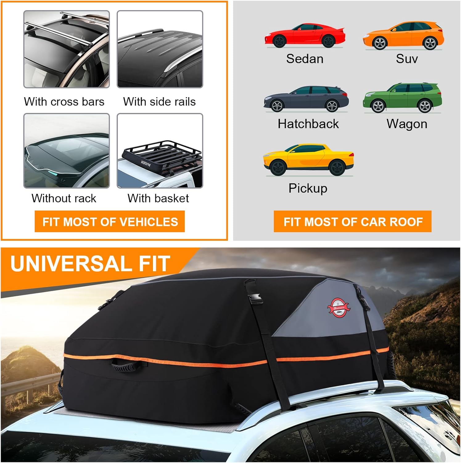 Sailnovo Car Rooftop Cargo Carrier Bag, 21 Cubic Feet 100% Waterproof Heavy Duty 900D Car Roof Bag for All Vehicle with/Without Racks - Anti-Slip Mat+6 Door Hooks