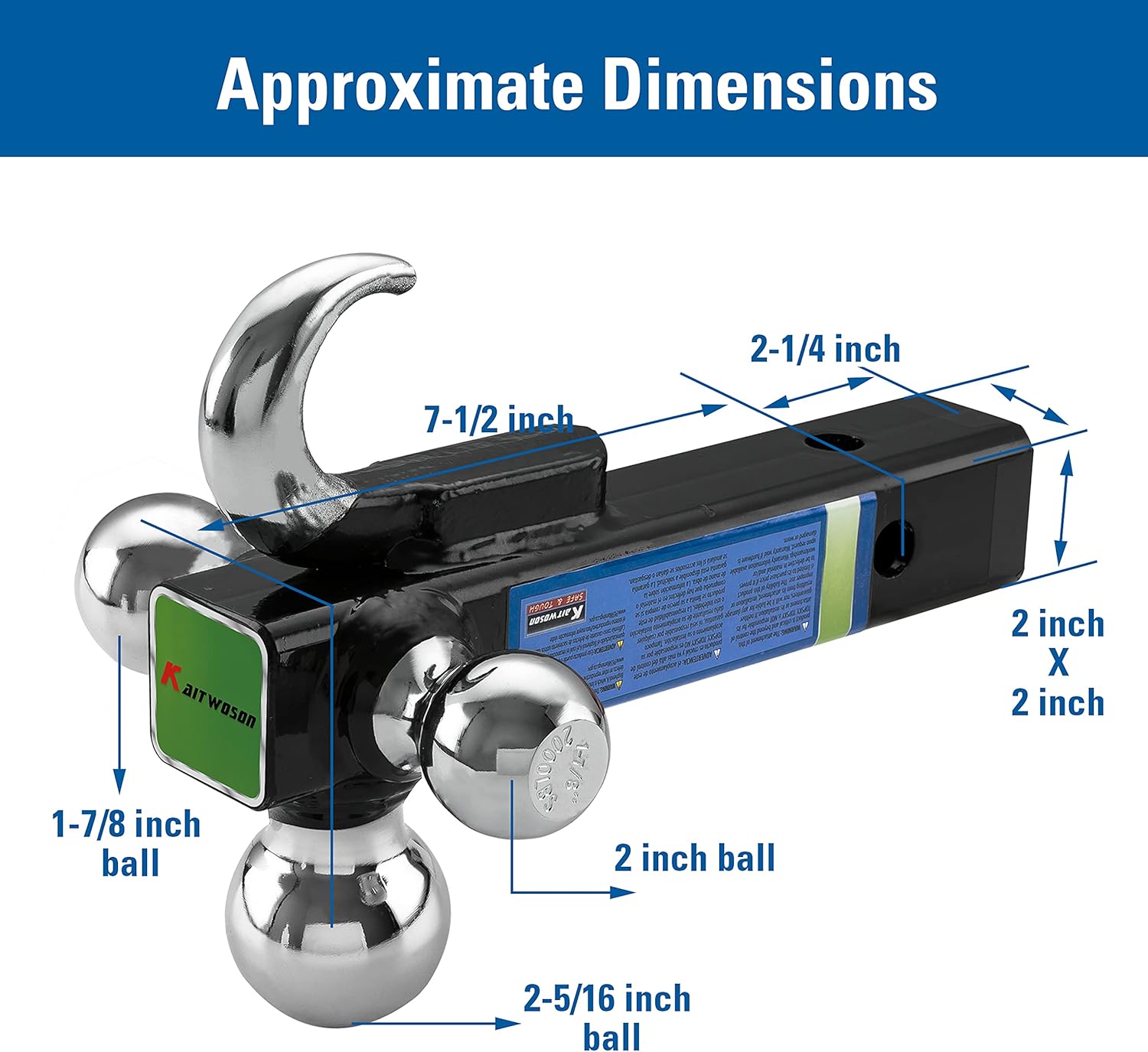KAITWOSON Trailer Hitch Tri Ball Mount with Hook, 1-7/8,2,2-5/16-inch Hitch Balls, Chrome Pack of 2