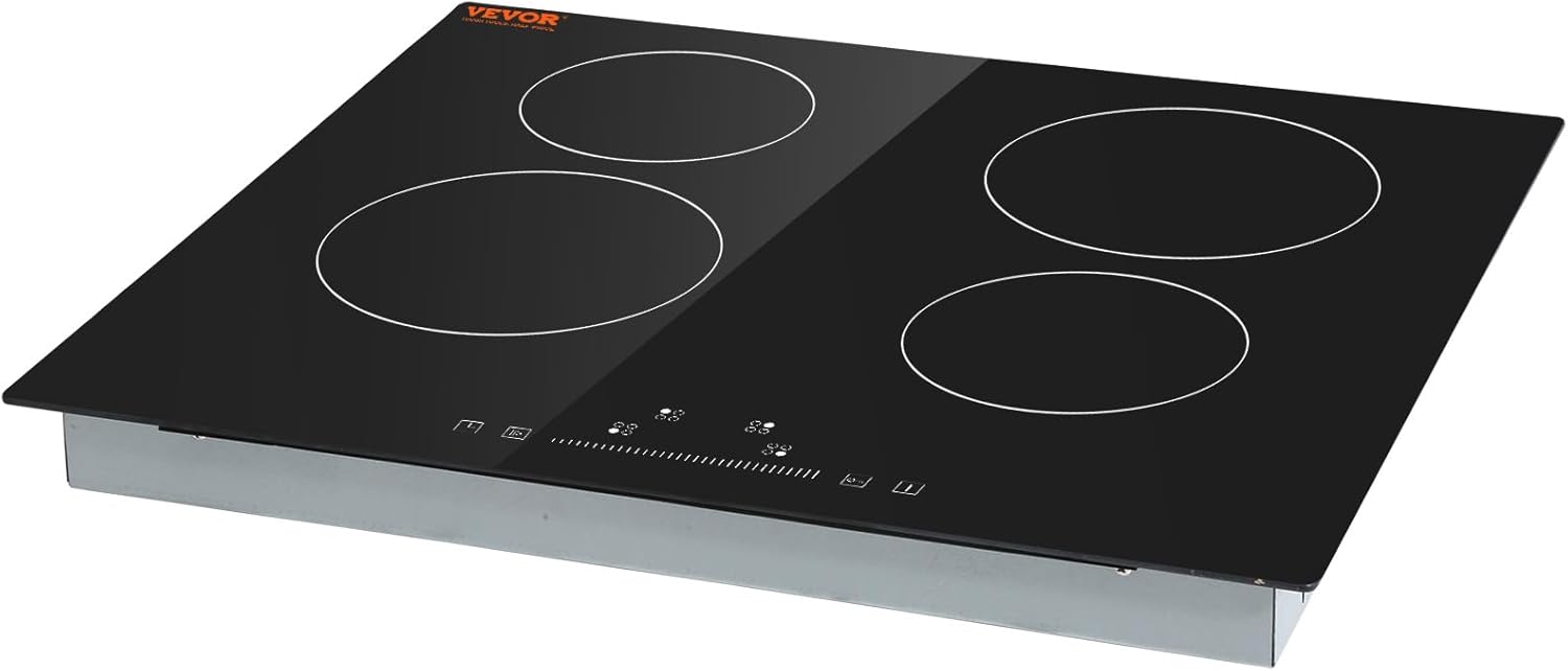 VEVOR Built in Electric Stove Top, 24 inch 4 Burners, 240V Glass Radiant Cooktop with Sensor Touch Control, Timer & Child Lock Included, 9 Power Levels for Simmer Steam Slow Cook Fry