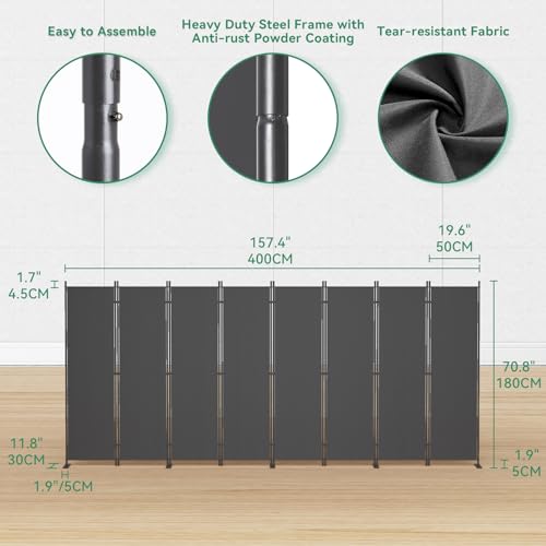 Helios&Hestia 8-Panel 6 ft Tall Indoor Folding Room Divider, Portable Privacy Screen, Freestanding Partition Separator, Temporary Wall Separation for Bedroom, Office, 160" W X 71" H, Dark Grey
