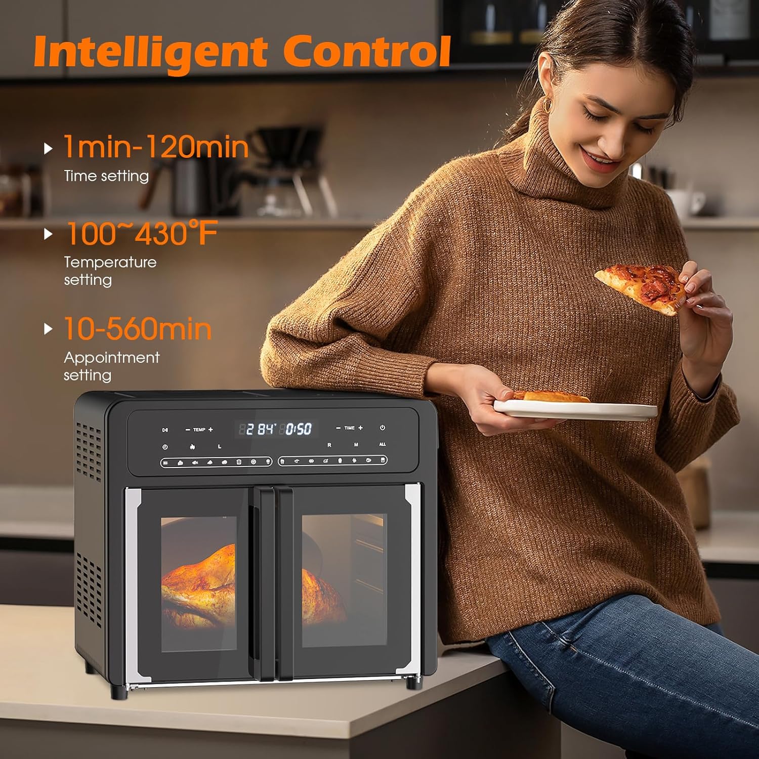 Toaster Oven Countertop, 360 Convection Oven with French Door, Digital Fryer Ovens, 16-In-1 Cooking Preset, Dual-Zone, 26L Large Size, Black
