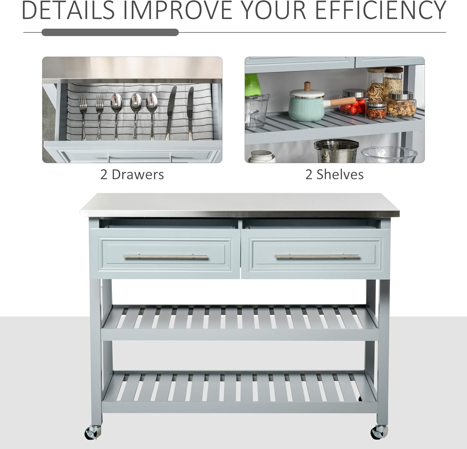 HOMCOM Kitchen Island Stainless Steel Top Rolling Utility Cart with Drawers, Shelves - Grey