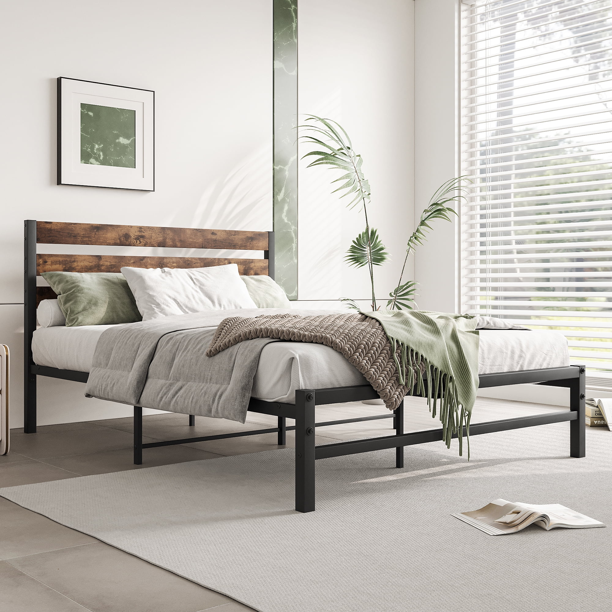 Gewnee Full Size Platform Bed Frame with Wood headboard, Rustic Country Style Mattress Foundation,Brown