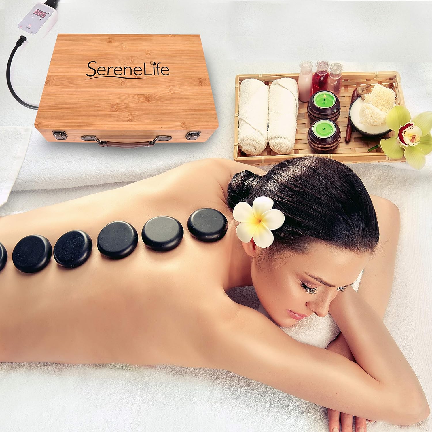 Massage Stone Heater Box Set-Electric Spa Portable Heated Rocks Massage Stones and Warmer Set - Heat Rock Massaging Kit 12 Large/Small Black Stone Set w/Bamboo Heating Case-SereneLife PSLMSGST65.5