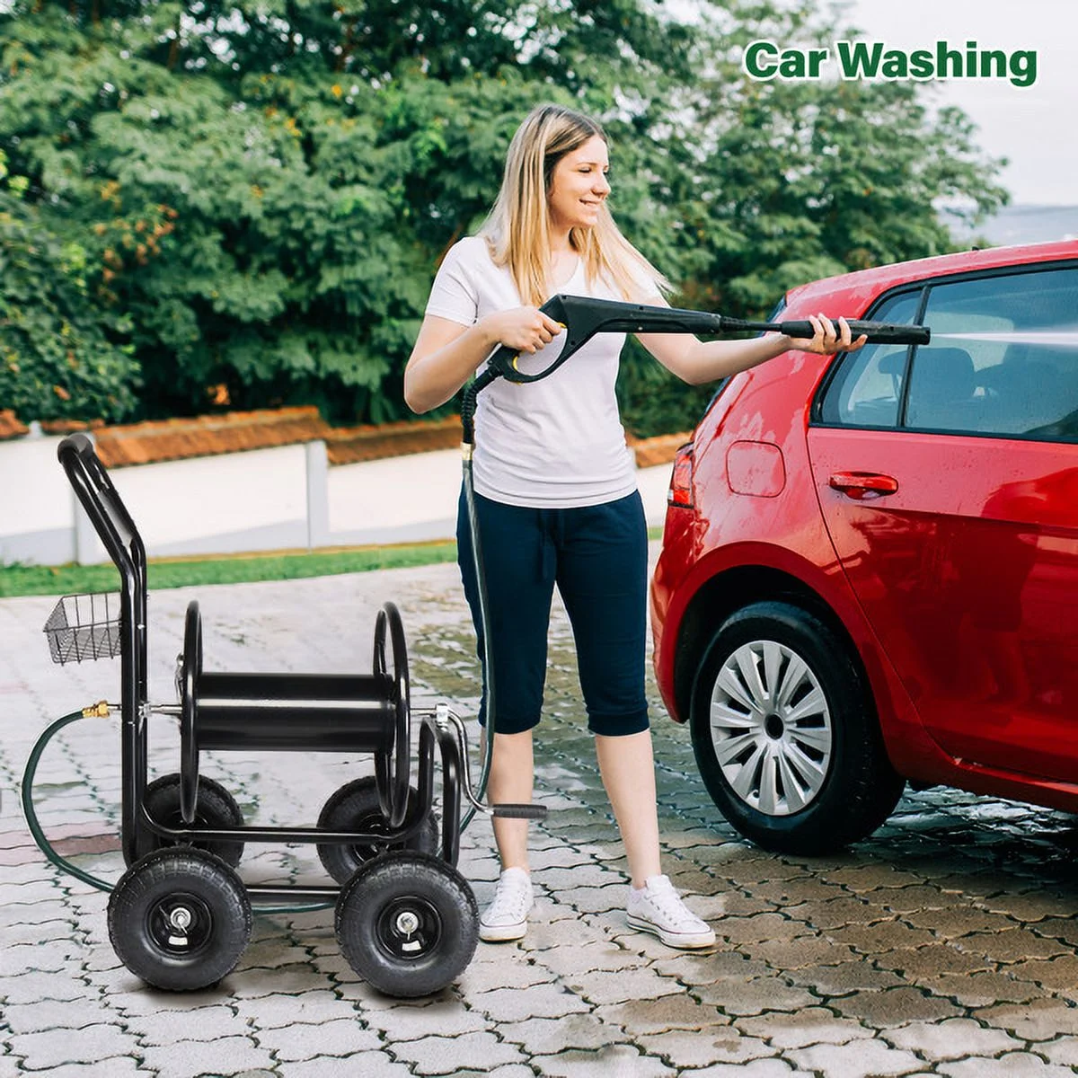 SYTHERS Hose Reel, Heavy Duty Garden Hose Reel Sturdy Water Hose Reel Cart with 4 Wheels for Garden Lawn Yard Outdoor
