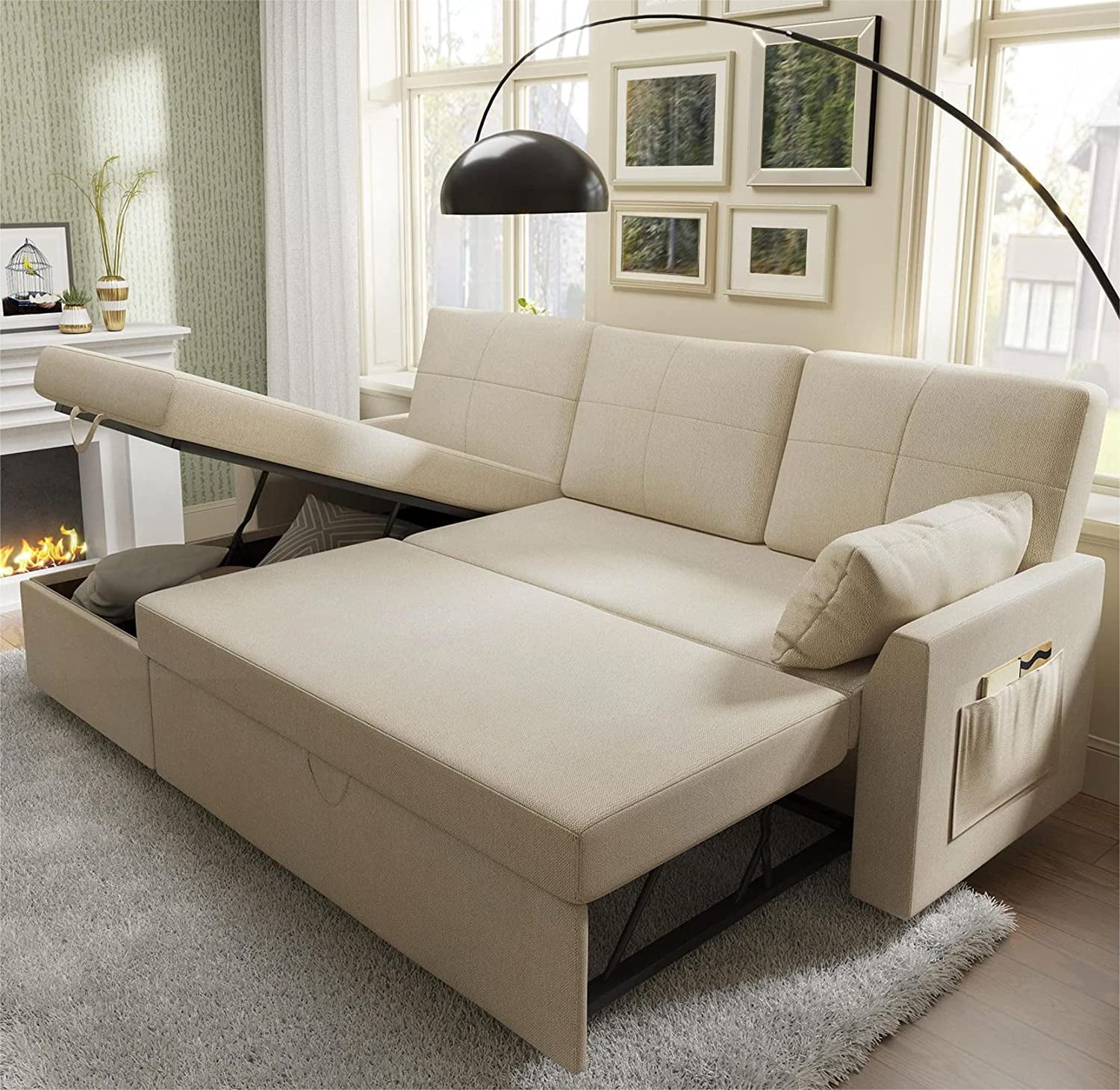 Papajet Sofa Bed, Sleeper Sofa with Storage Chaise, Pull Out Couch for Living Room- Gray Chenille