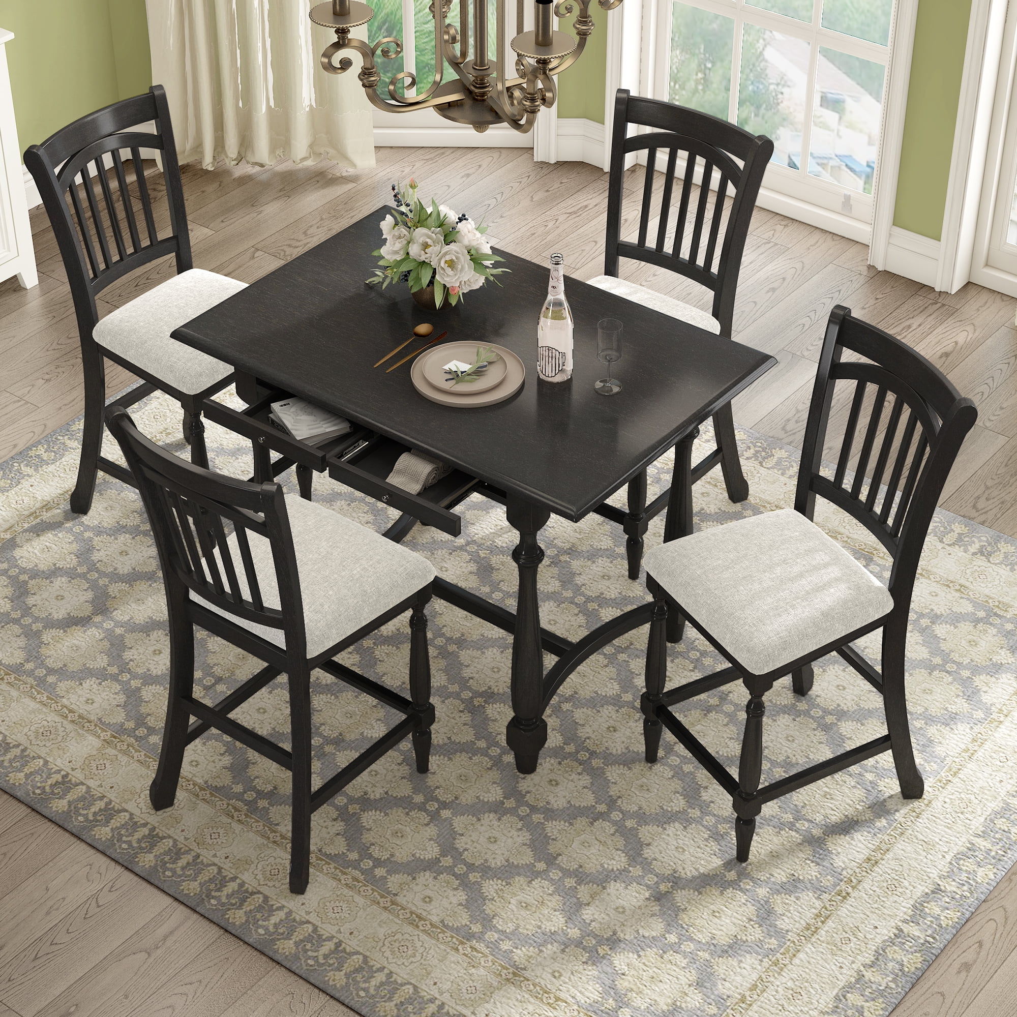 Churanty Farmhouse 5 Pieces Wood Counter Height Dining Table Set for 4,Kitchen Rectangle Table with Storage Drawers and 4 Upholstered Chairs, Espresso - Curated Treasures Market