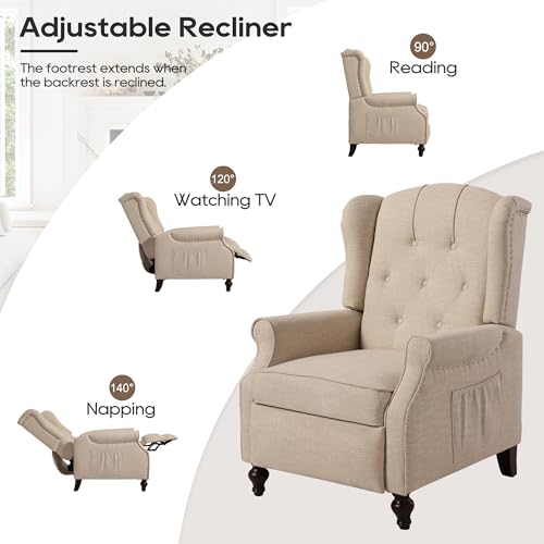 Wingback Recliner Chair with Massage and Heat, Tufted Fabric Pushback Recliner Chair, Wingback Chair with Remote Control, Padded Cushion, Wooden Legs, Small Recliners for Small Spaces