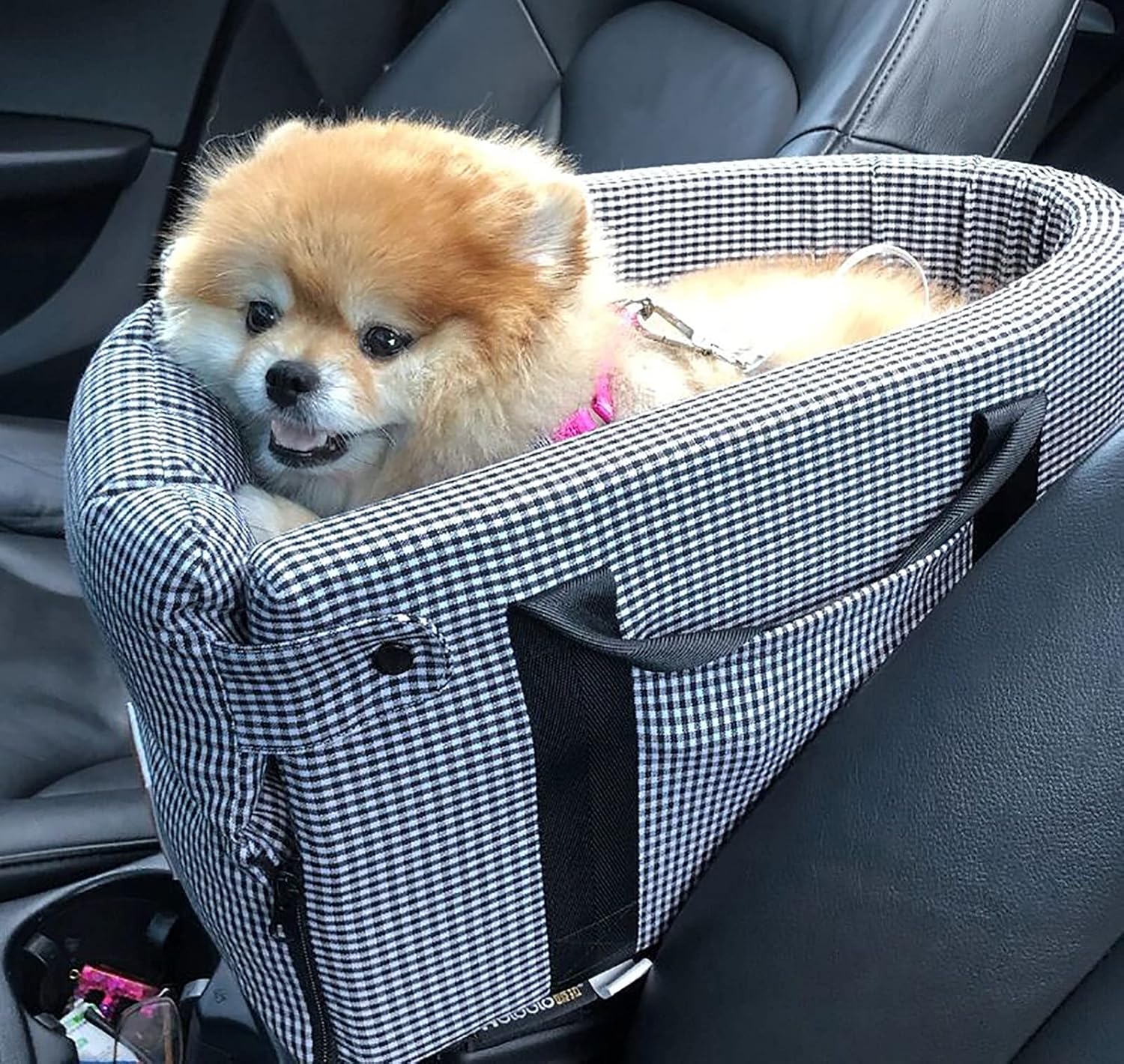 Ximei Dog Booster Car Seat ON Car Armrest Center Console Dog Pet Booster Car Seat Dog Cat Travel Seat Puppy Console for SUV Secure Safety Seat Perfect for Small Dogs Cats (Black and White)