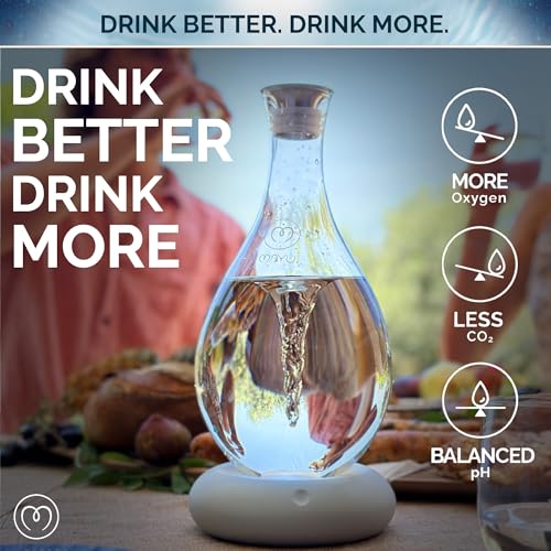 MAYU Swirl Structured Water Pitcher - Innovative Vortex Technology - Handblown. Reverse Osmosis Filter Complementary. Aerating Dispenser Stand 1.5 Liter | 51Oz Design Dining Glass Jug (Graystone Base)