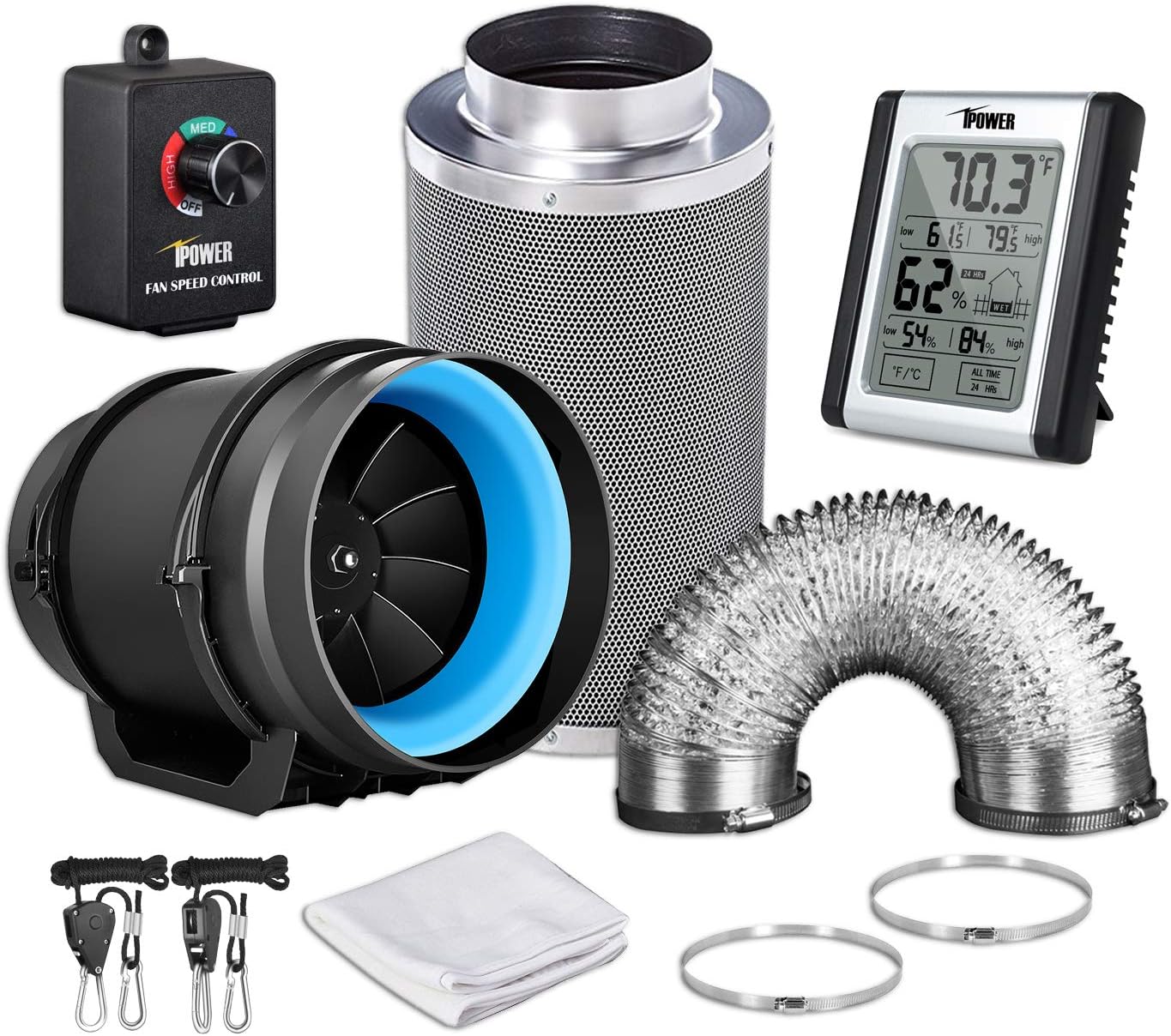 iPower 8 Inch 500 CFM Inline Fan with Speed Controller Air Carbon Filter 25 Feet Ducting and Temperature Humidity Monitor for Grow Tent Ventilation, Black