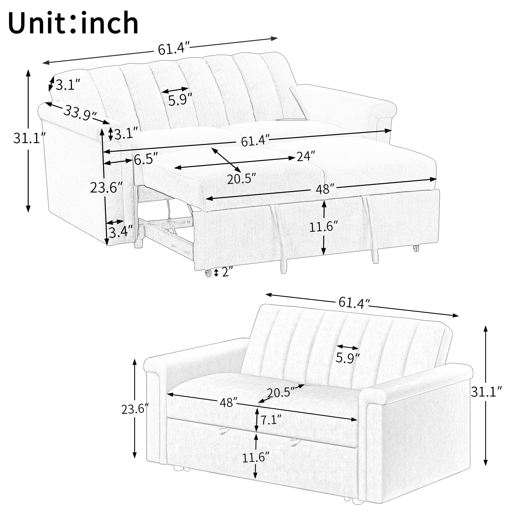EUROCO 61.4" Longer Pull Out Sofa Sleeper Couch, 3-in-1 Convertible Sleeper Sofa Bed , Breathable Chenille Sleeper Loveseat with 3 Backrest Adjustments,Weight Capacity 660LBS