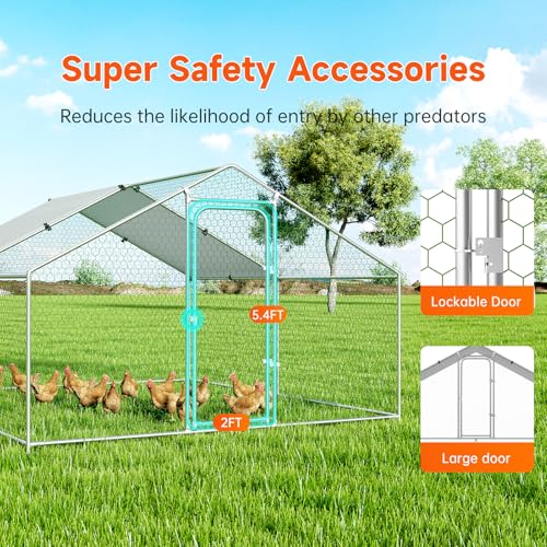Large Metal Chicken Coop, Chicken Run Poultry Cage Hen with Water-Resident and Anti-UV Cover for Duck Rabbit House Outdoor Walk-in Chicken Pen for Yard, Dome Roof(10’ W x 19.7’ L x 6.4’ H)