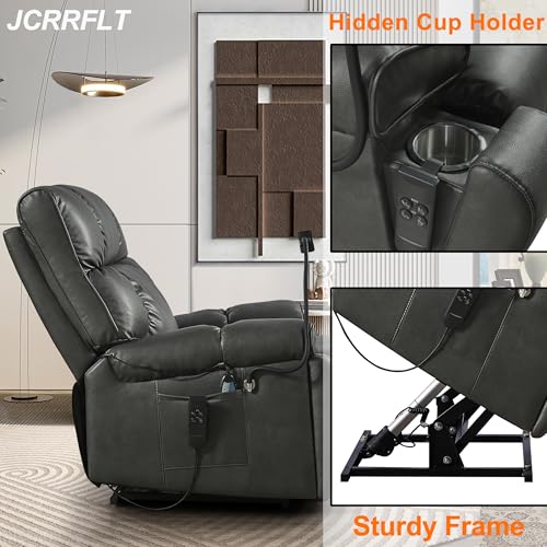 2 Motor Lay Flat Recliner Chair with Adjustable Phone Holder, Power Lift Assist Recliner with Cup Holder, Oversized Leather Sleeping Arm Chair, Massage Heating Home Theater Recliner (Brown)