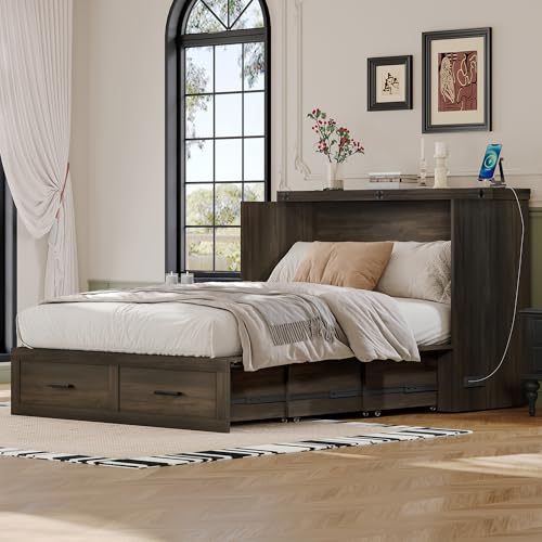 Wooden Murphy Cabinet Bed Frame with Charging Station, Full-Size Foldable Wall Bed with Large Storage Drawer for Home Apartment Limited Living Places, Space-Saving Hidden Bed No Box Spring Needed