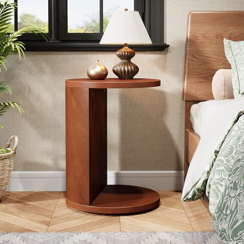 Tribesigns Solid Wood End Table, Set of 2, C-Shaped Round Side Table for Sofa, 2-Tier Couch Table for Small Space, Living Room, Easy Assembly, Walnut