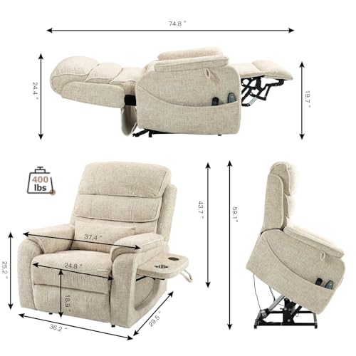 Light Grey Recliner Chair for Elderly | Tall and Big Man 400lbs | Chenille | Power Lift, Lay Flat, Stand Up, Wireless Charging Device, Extended Footrest, Massage Heat, Cup Holder, Lumbar Pillow