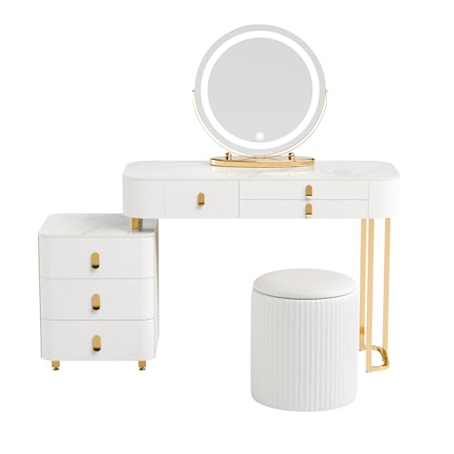 Makeup Vanity Set,Desk with Mirror and Lights,6 Large Capacity Wood Drawers and Soft Petal Chair,Dressing Table with Movable Bedside Table Deal Gift for Her,for Bedroom (39"-White)