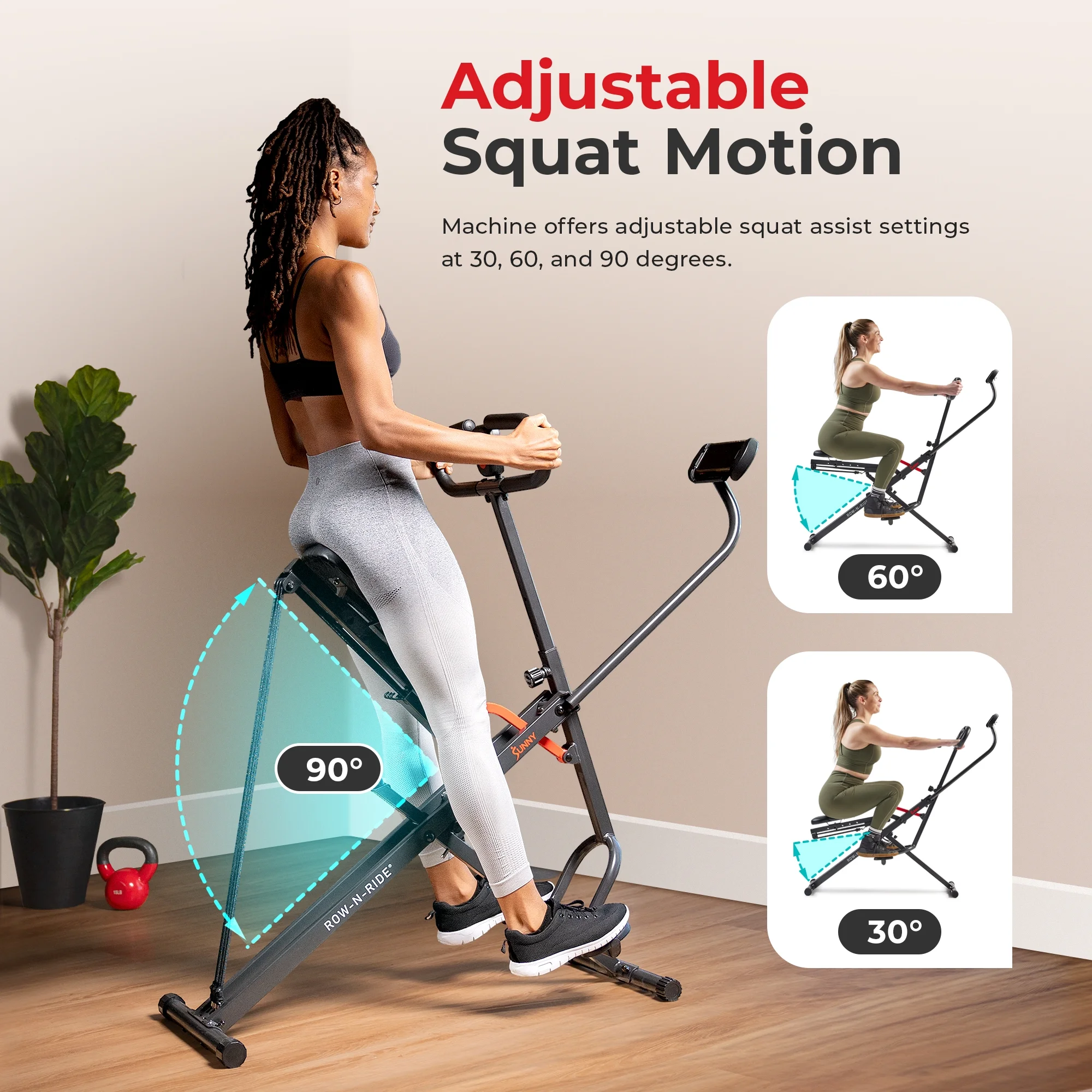 Sunny Health & Fitness Smart Upright Row-N-Ride™ Exerciser, Squat Assist Trainer for Glutes Workout with Adjustable Resistance, Easy Setup & Foldable, Glute & Leg Exercise Machine- NO. 077SMART