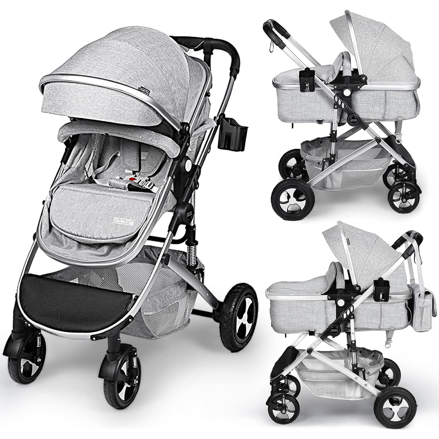 Kinder King 2 in 1 Convertible Baby Stroller, Folding High Landscape Infant Carriage, Newborn Reversible Bassinet Pram, Adjustable Canopy, Diaper Bag, Anti-Shock Toddler Pushchair Stroller, Dark Grey