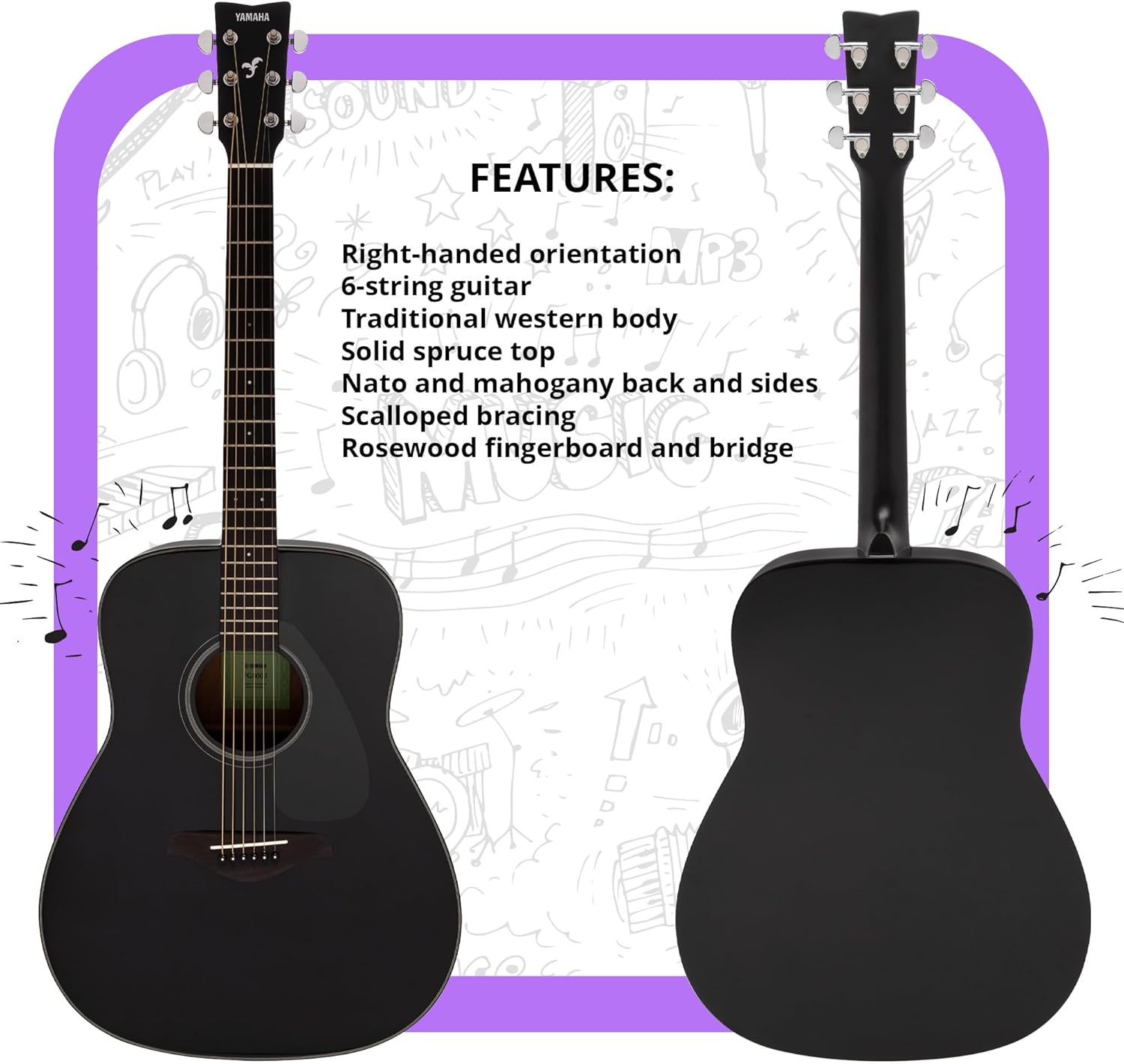 Yamaha FG800J Solid Spruce Top, Traditional Western Gloss Finish Body, 6-String Right-Handed Acoustic Guitar with Rosewood Fingerboard and Bridge (Black)