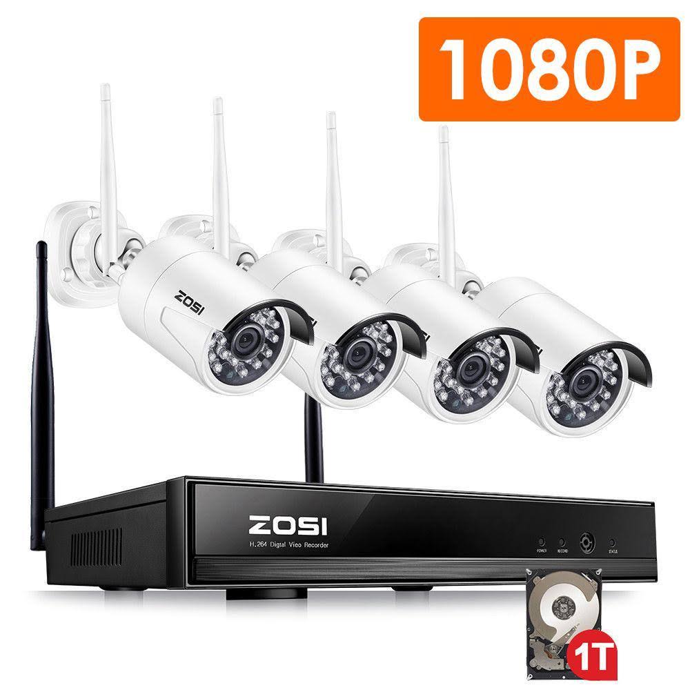 ZOSI 8-Channel 1080p 1TB Hard Drive NVR Security Camera System with 4 Wireless Bullet Cameras, White